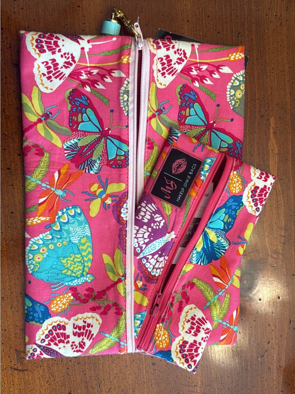 Makeup Bag Set - Large/Mini Pink Butterfly Floral Cosmetic Pouch